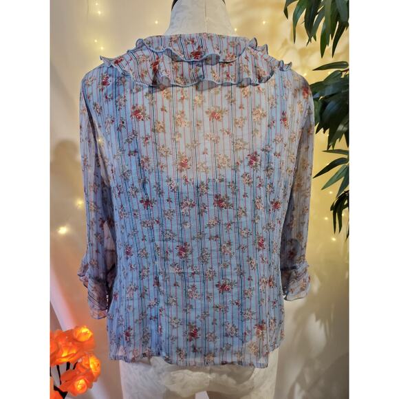 TESS Women's 12 100% Silk Floral Ruffle Cottagecore Button Blouse Tank 2 PC Set - Picture 4 of 10